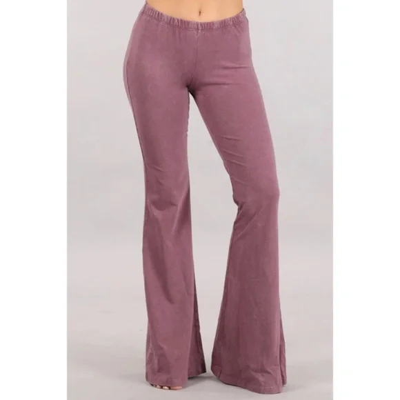 Dusty Rose Boho Mineral Wash Stretch Flared Bell Bottom Casual Pants - Picture 2 of 6